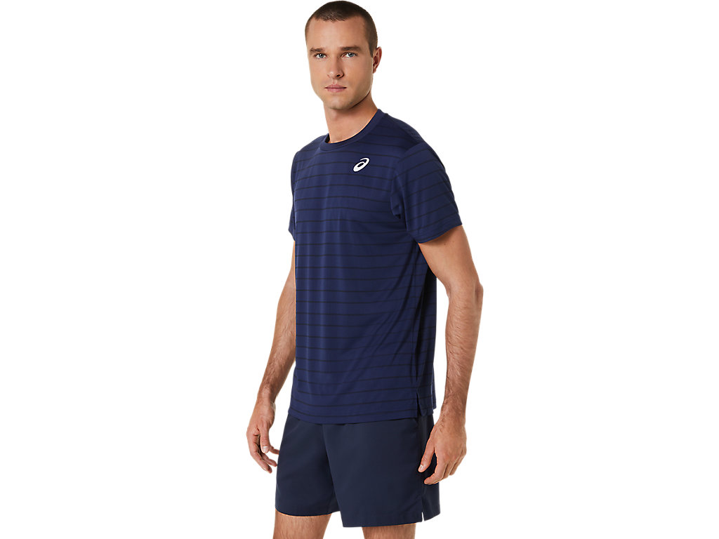 Men's Asics Court Stripe Sleeve T Shirts Dark Blue | 9605-BOZID