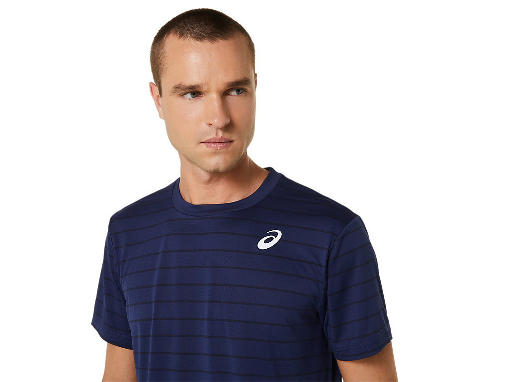 Men's Asics Court Stripe Sleeve T Shirts Dark Blue | 9605-BOZID