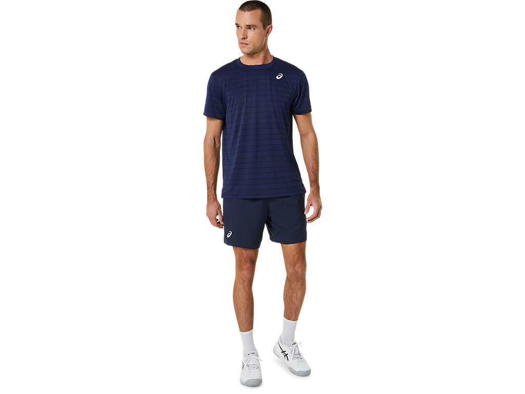 Men's Asics Court Stripe Sleeve T Shirts Dark Blue | 9605-BOZID