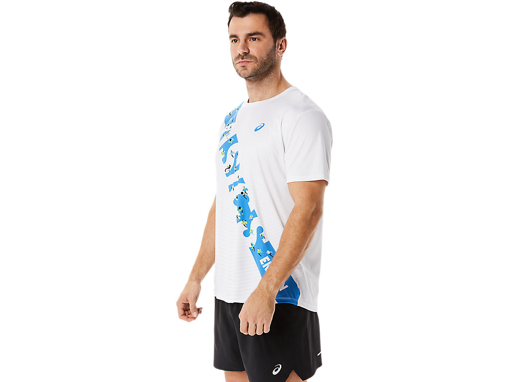 Men's Asics Ekiden Sleeve T Shirts White / Blue | 4516-RIGAJ