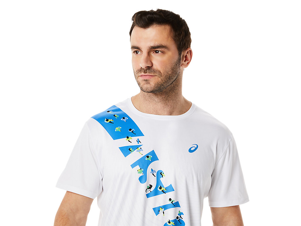 Men's Asics Ekiden Sleeve T Shirts White / Blue | 4516-RIGAJ