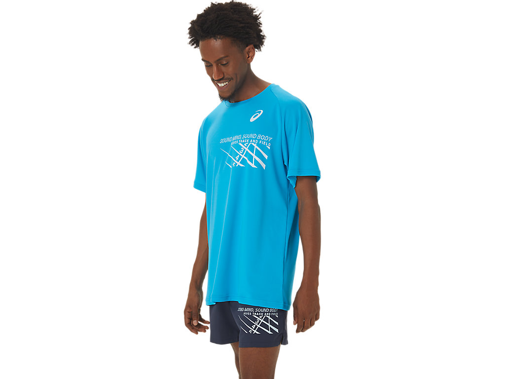 Men's Asics Finish Line Graphic Sleeve T Shirts Blue | 2976-KNZWB