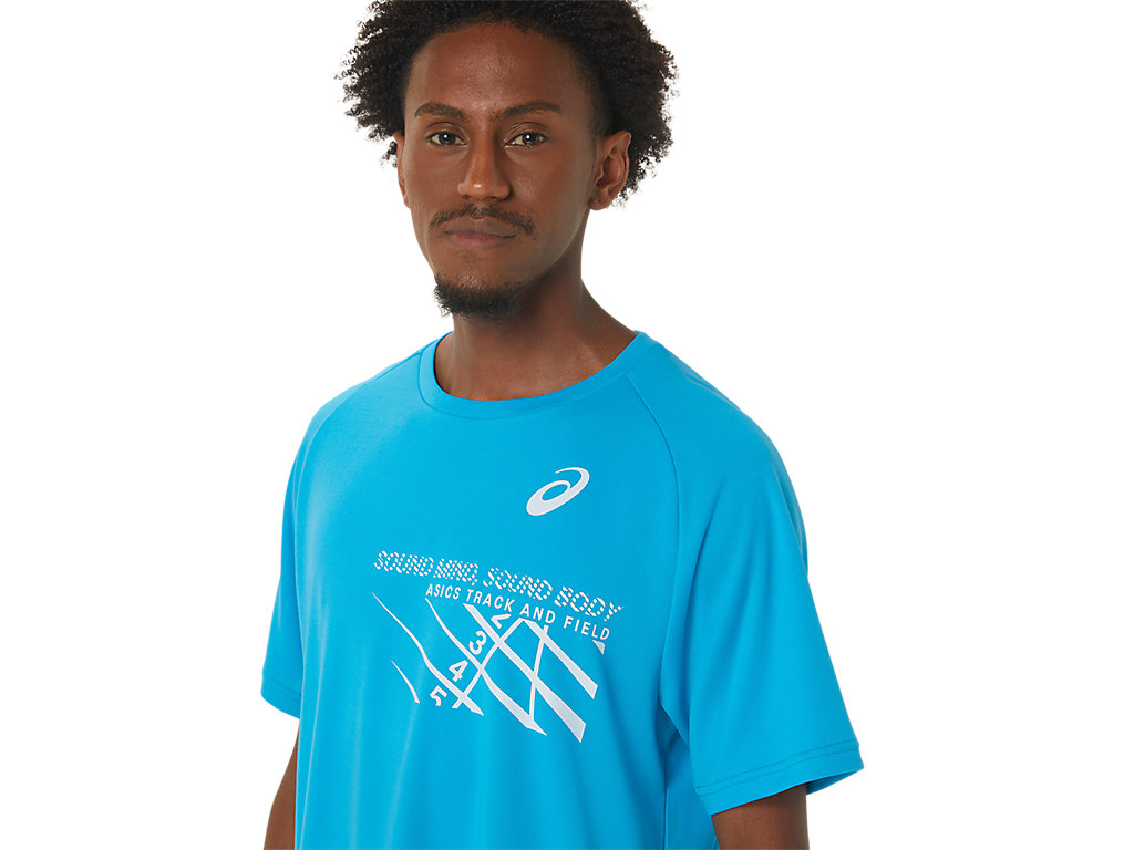 Men's Asics Finish Line Graphic Sleeve T Shirts Blue | 2976-KNZWB