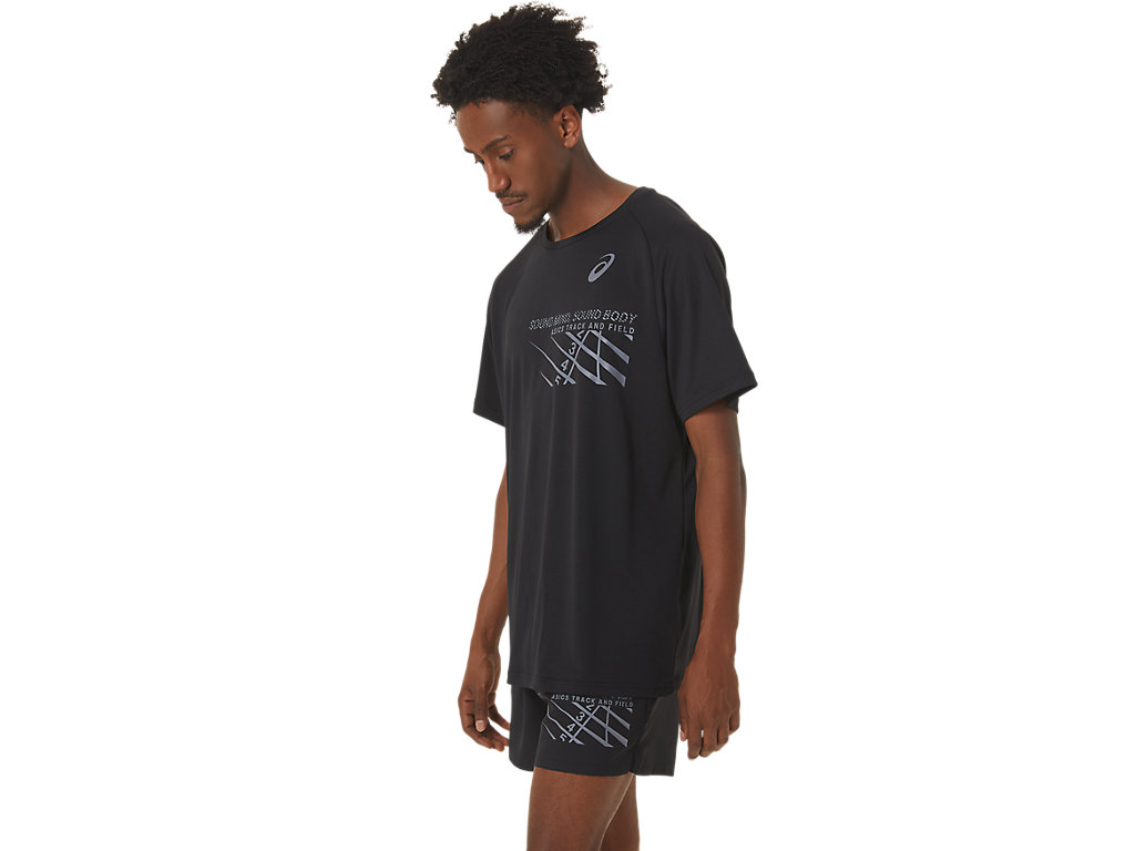 Men's Asics Finish Line Graphic Sleeve T Shirts Black | 9137-SQJWC