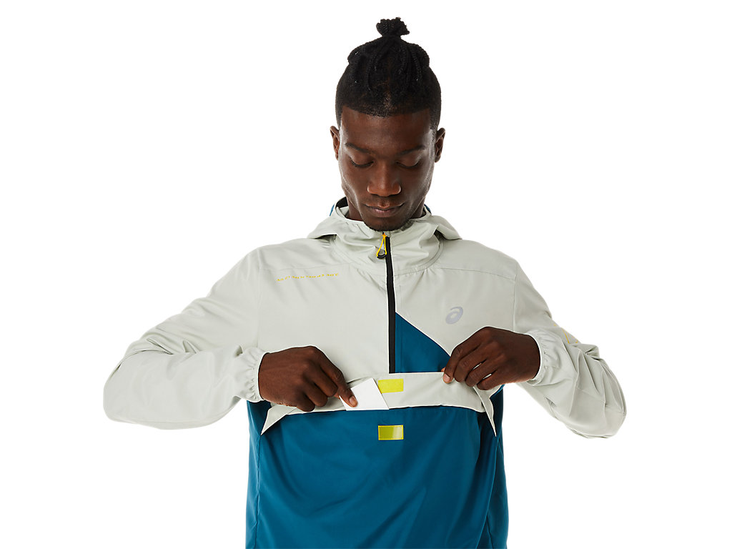 Men's Asics Fujitrail Anorak Jackets Turquoise / Light Olive | 4350-LEGSO