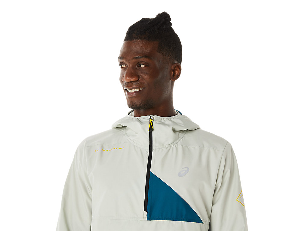 Men's Asics Fujitrail Anorak Jackets Turquoise / Light Olive | 4350-LEGSO