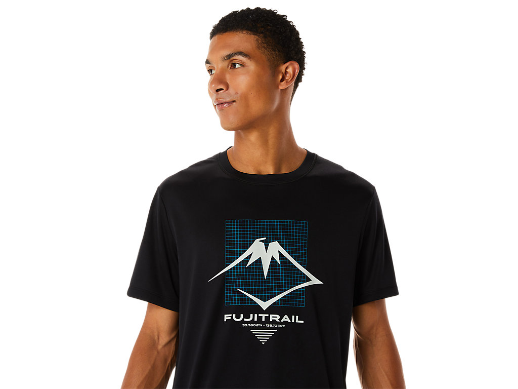 Men's Asics Fujitrail Logo Sleeve T Shirts Black | 6514-PCYIU