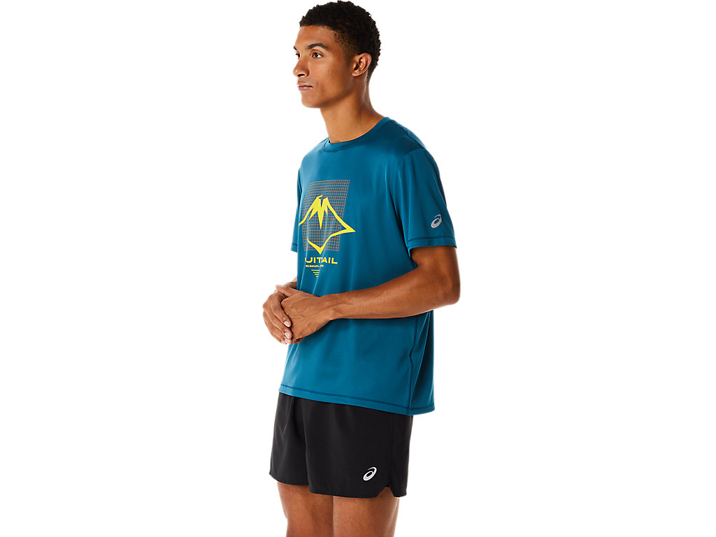 Men's Asics Fujitrail Logo Sleeve T Shirts Turquoise | 9064-SJXFE