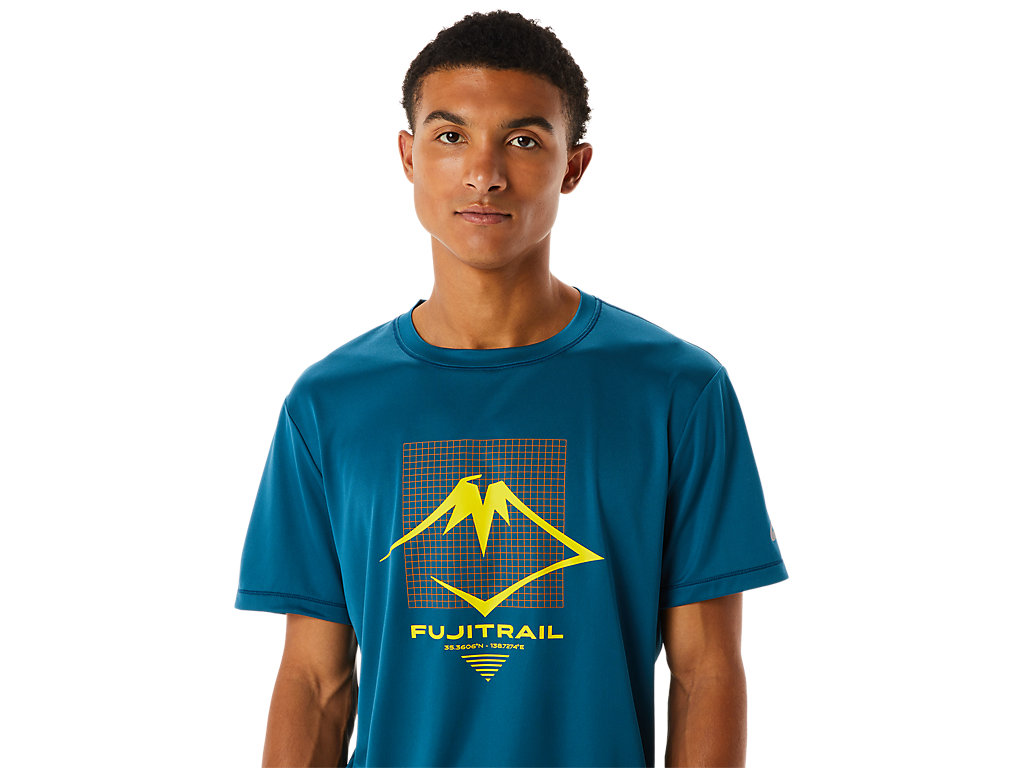 Men's Asics Fujitrail Logo Sleeve T Shirts Turquoise | 9064-SJXFE