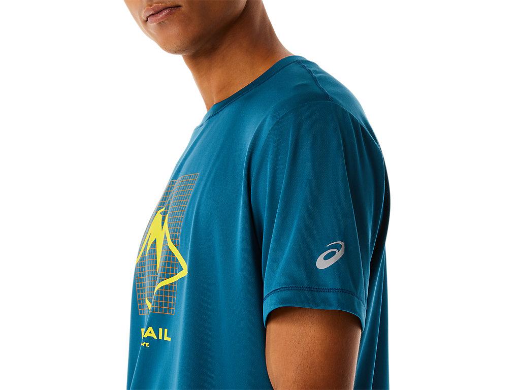 Men's Asics Fujitrail Logo Sleeve T Shirts Turquoise | 9064-SJXFE