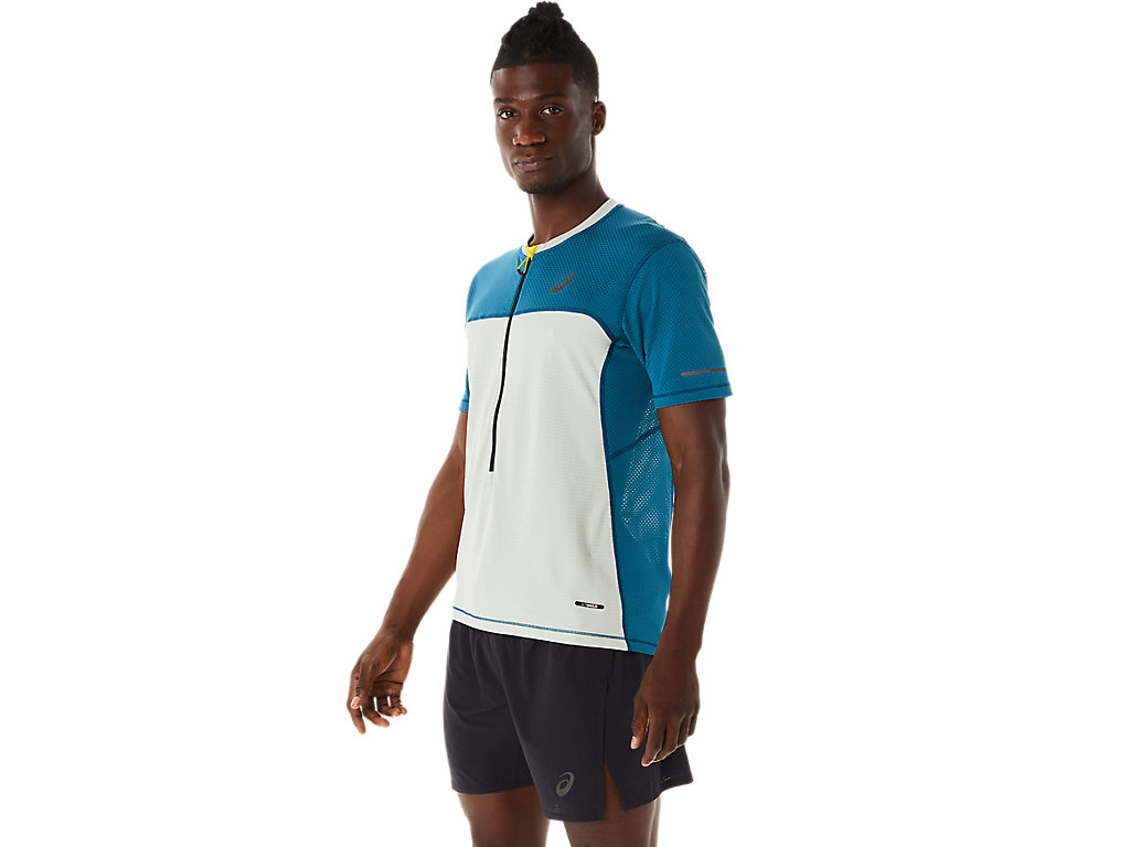 Men's Asics Fujitrail Sleeve T Shirts Turquoise / Light Olive | 1408-JFGCI