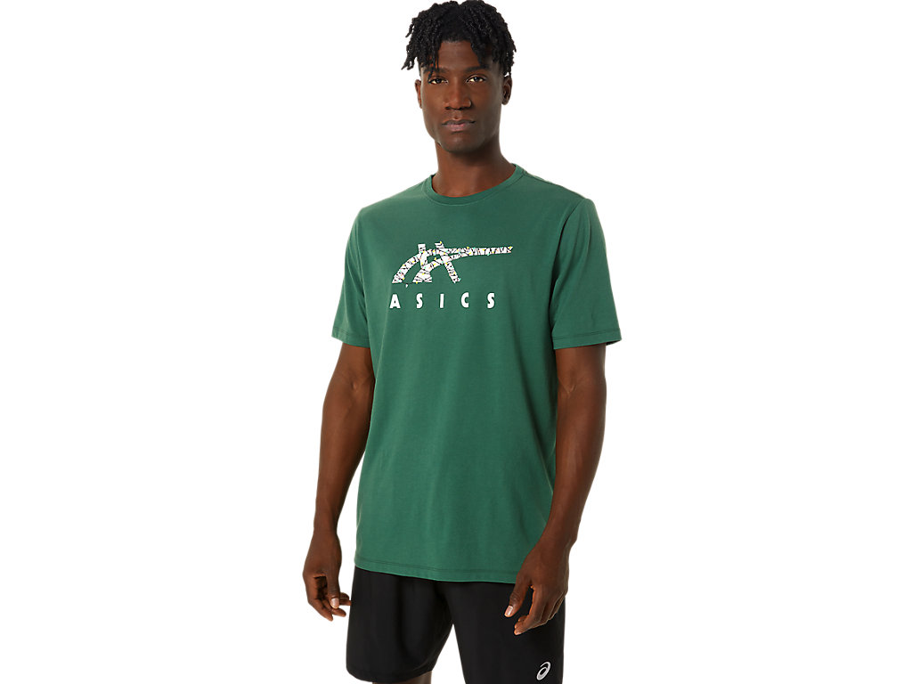 Men\'s Asics Holiday Lights Logo Crew T Shirts Green | 9517-QDRSC