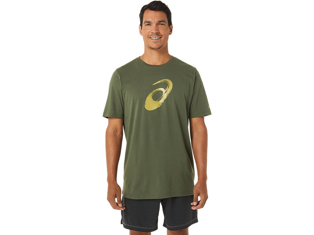 Men's Asics Paintbrush Sleeve Tee T Shirts Olive | 9268-KRTBU