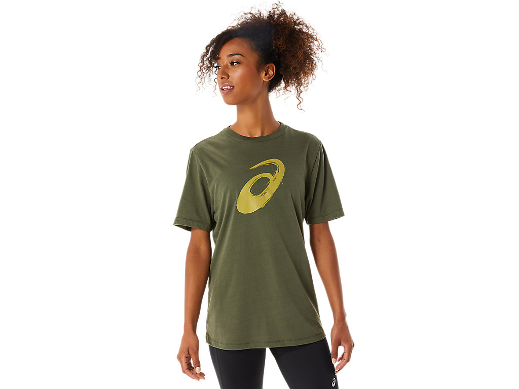 Men's Asics Paintbrush Sleeve Tee T Shirts Olive | 9268-KRTBU