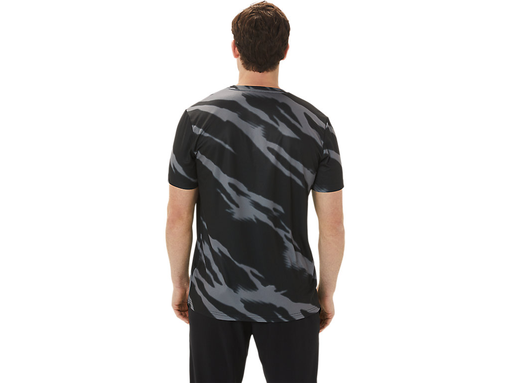 Men's Asics Seasonal All Over Print Sleeve T Shirts Black / Deep Grey | 0547-APMSG