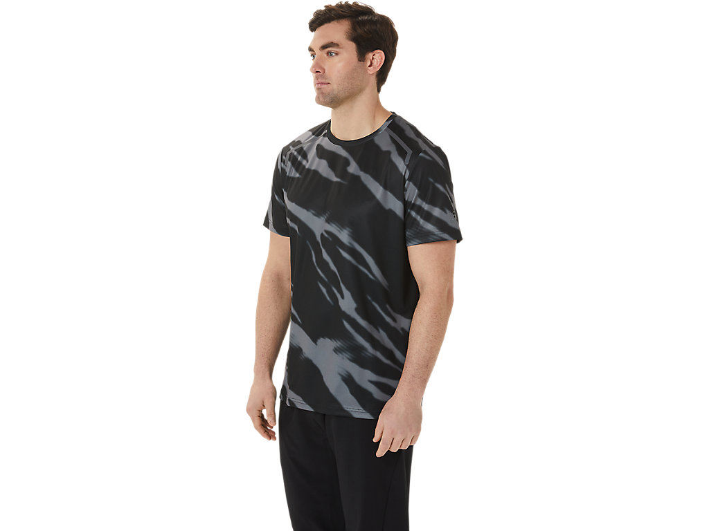 Men's Asics Seasonal All Over Print Sleeve T Shirts Black / Deep Grey | 0547-APMSG