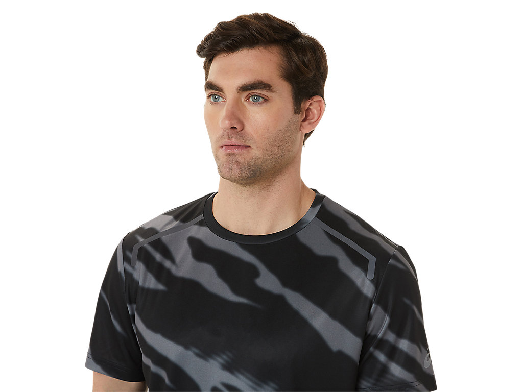 Men's Asics Seasonal All Over Print Sleeve T Shirts Black / Deep Grey | 0547-APMSG