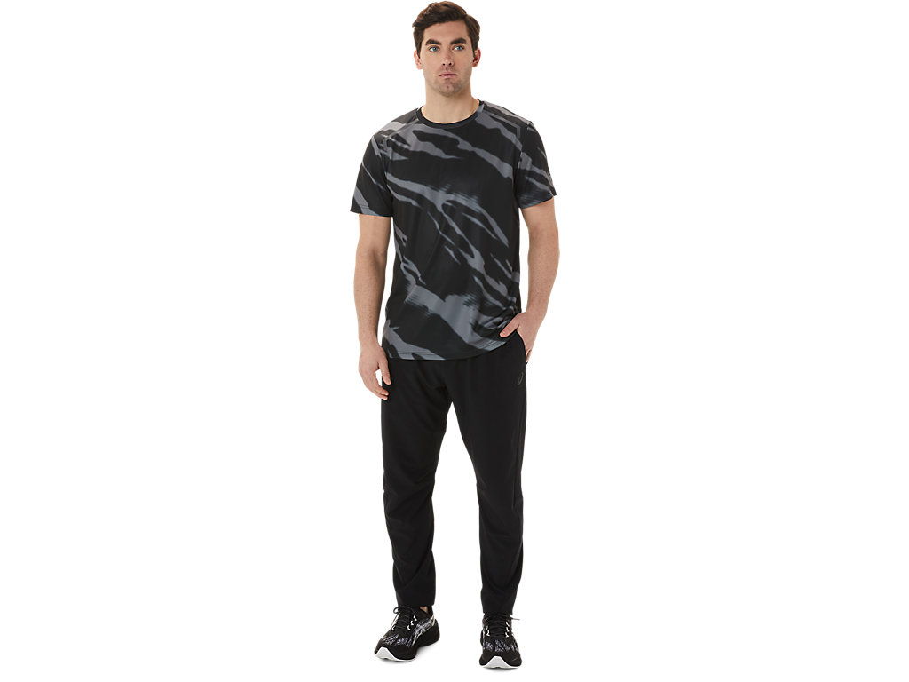 Men's Asics Seasonal All Over Print Sleeve T Shirts Black / Deep Grey | 0547-APMSG