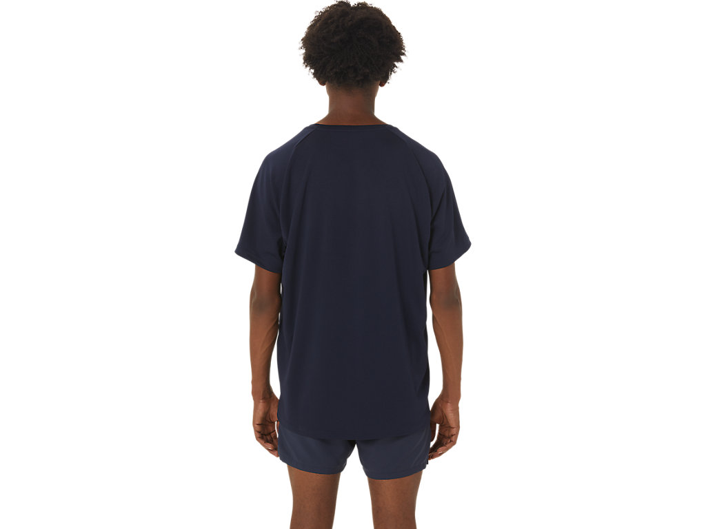 Men's Asics Shoes Graphic Sleeve T Shirts Dark Blue | 1865-LPWOC