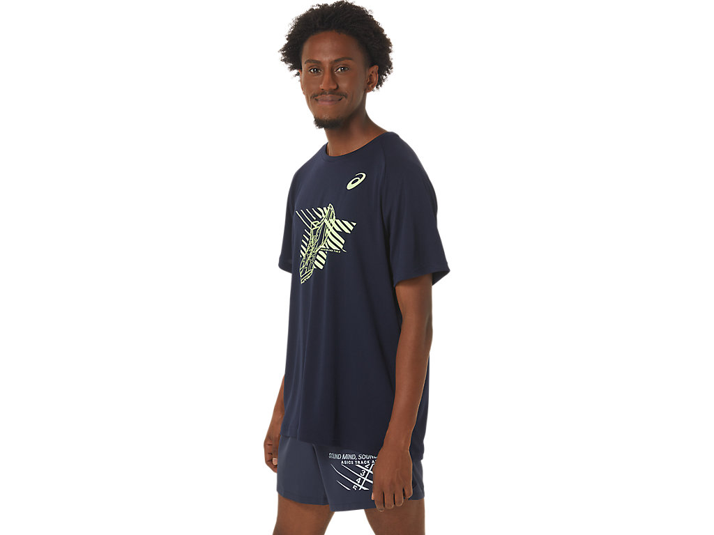 Men's Asics Shoes Graphic Sleeve T Shirts Dark Blue | 1865-LPWOC