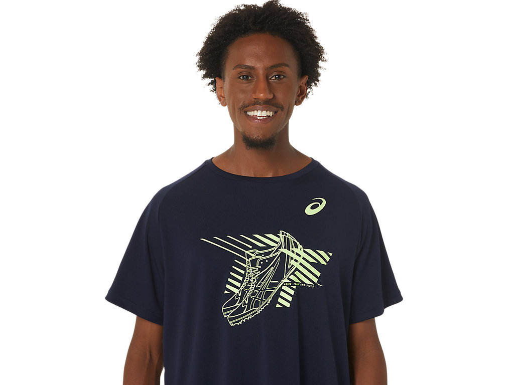 Men's Asics Shoes Graphic Sleeve T Shirts Dark Blue | 1865-LPWOC