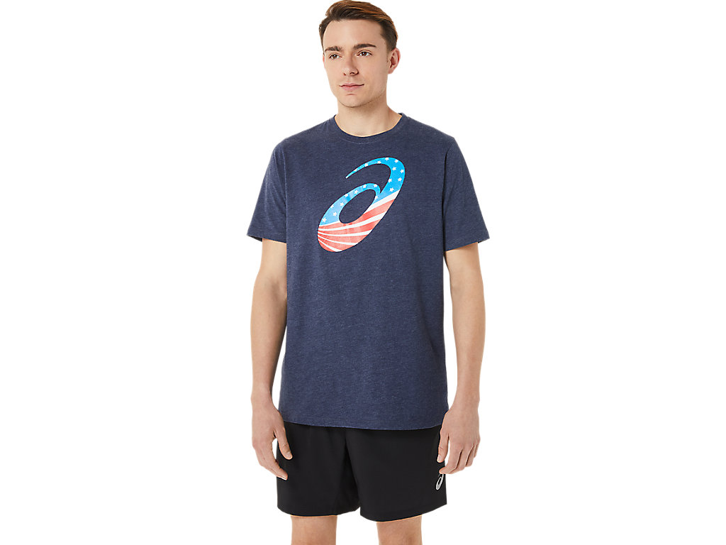 Men\'s Asics Spiral A Stars And Stripes T Shirts Navy | 7619-PKVIG