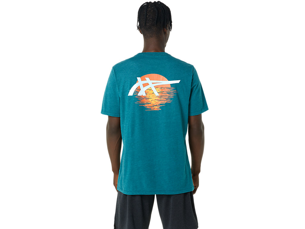 Men's Asics Stripes Sunrise Tee T Shirts Deep Green | 3947-RCMEQ