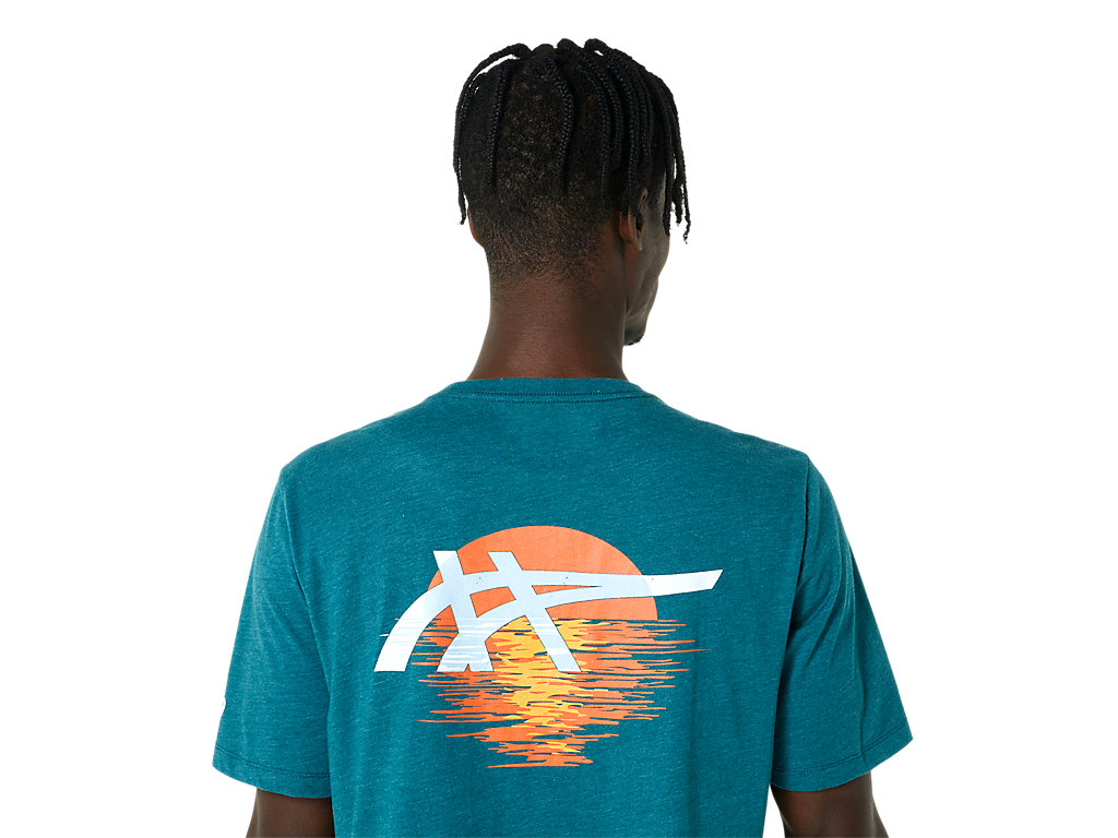 Men's Asics Stripes Sunrise Tee T Shirts Deep Green | 3947-RCMEQ