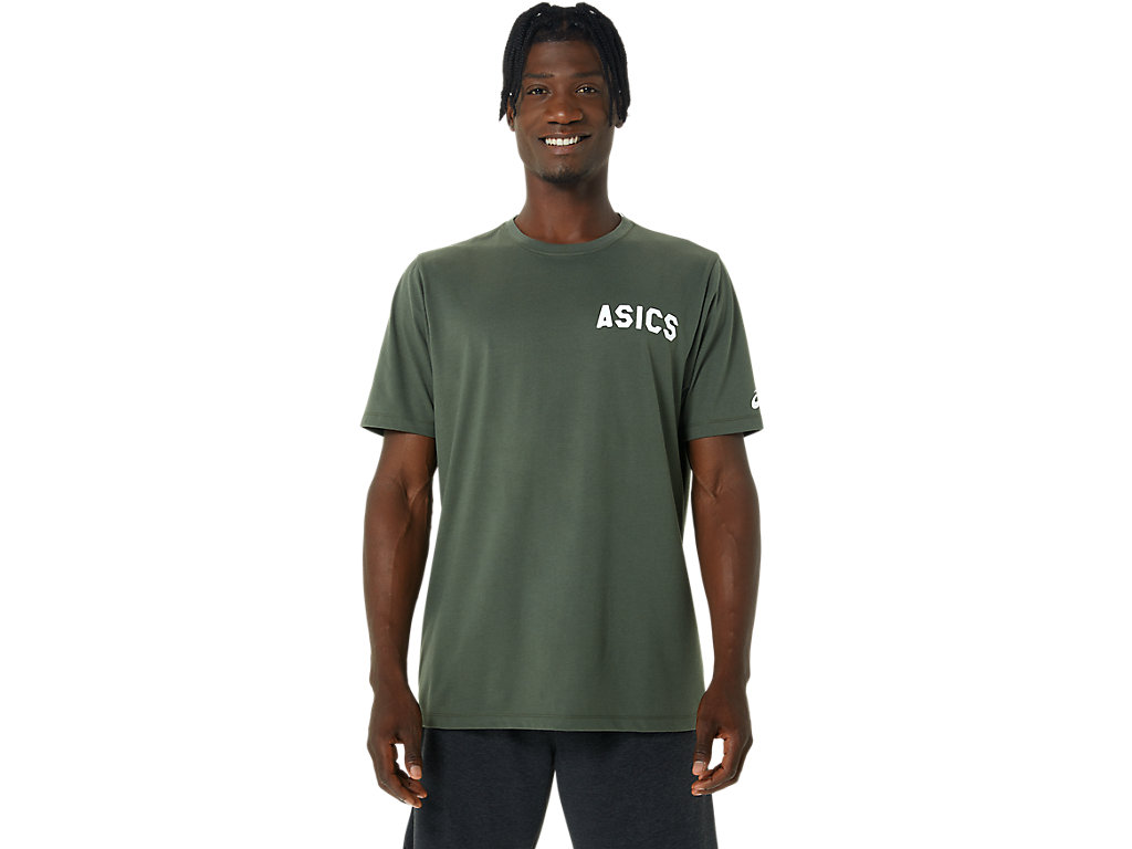 Men's Asics Stripes Sunrise Tee T Shirts Olive | 6743-MQLWO