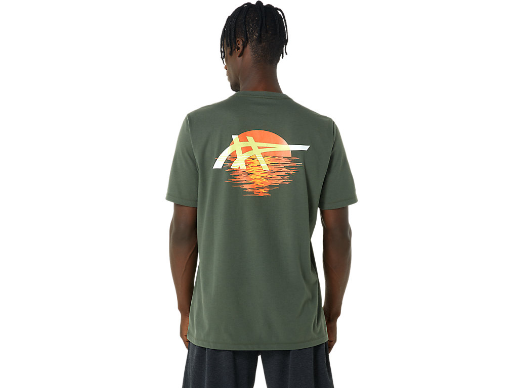 Men's Asics Stripes Sunrise Tee T Shirts Olive | 6743-MQLWO