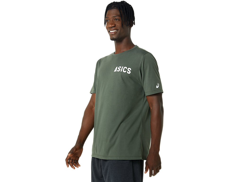 Men's Asics Stripes Sunrise Tee T Shirts Olive | 6743-MQLWO