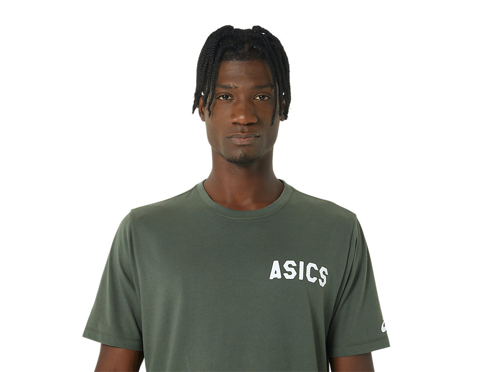 Men's Asics Stripes Sunrise Tee T Shirts Olive | 6743-MQLWO