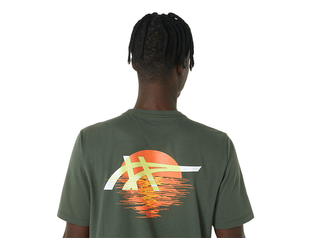 Men's Asics Stripes Sunrise Tee T Shirts Olive | 6743-MQLWO