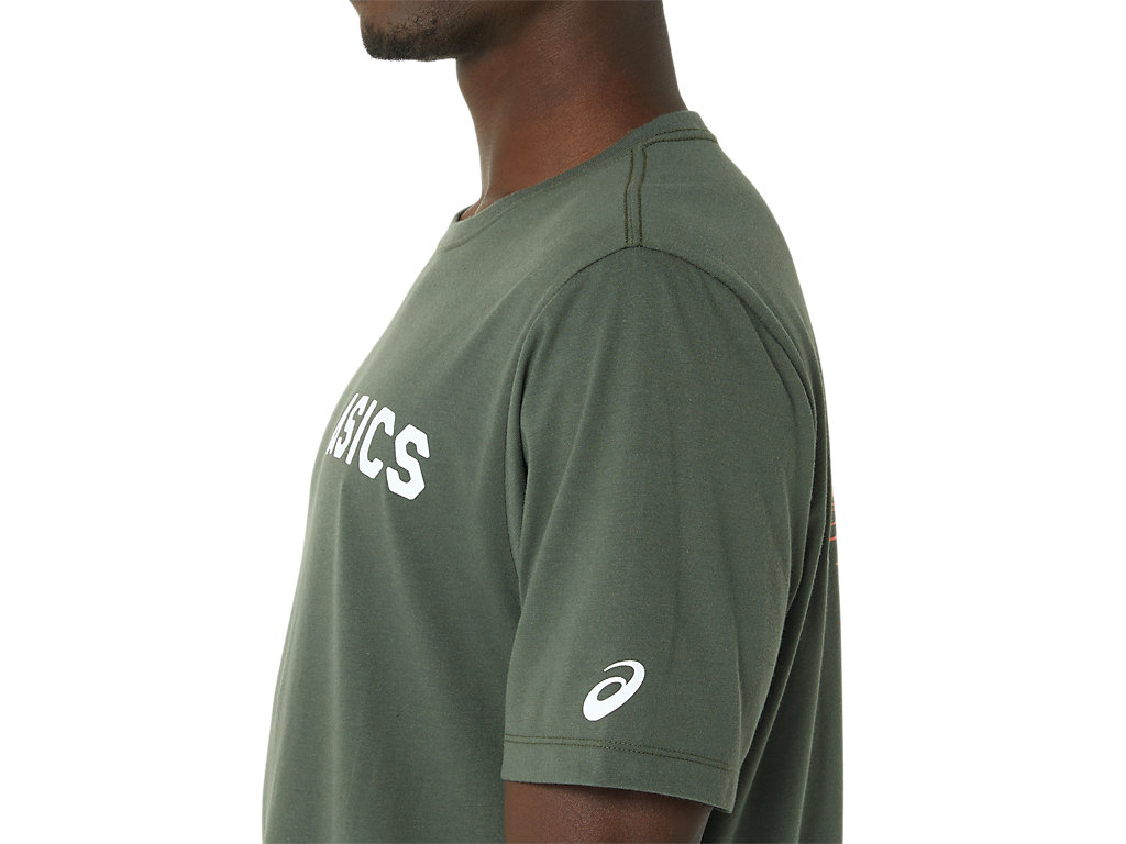 Men's Asics Stripes Sunrise Tee T Shirts Olive | 6743-MQLWO