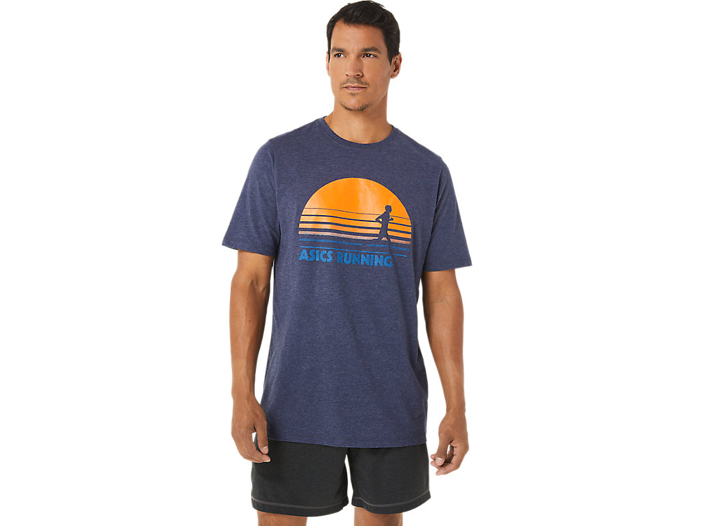 Men\'s Asics Sunrise Runner Graphic Tee T Shirts Navy | 1096-ANWKR