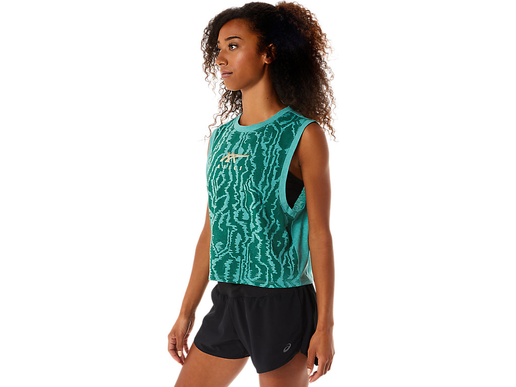 Women's Asics Allover Printed Muscle Crop T Shirts Olive | 4513-OTZJL