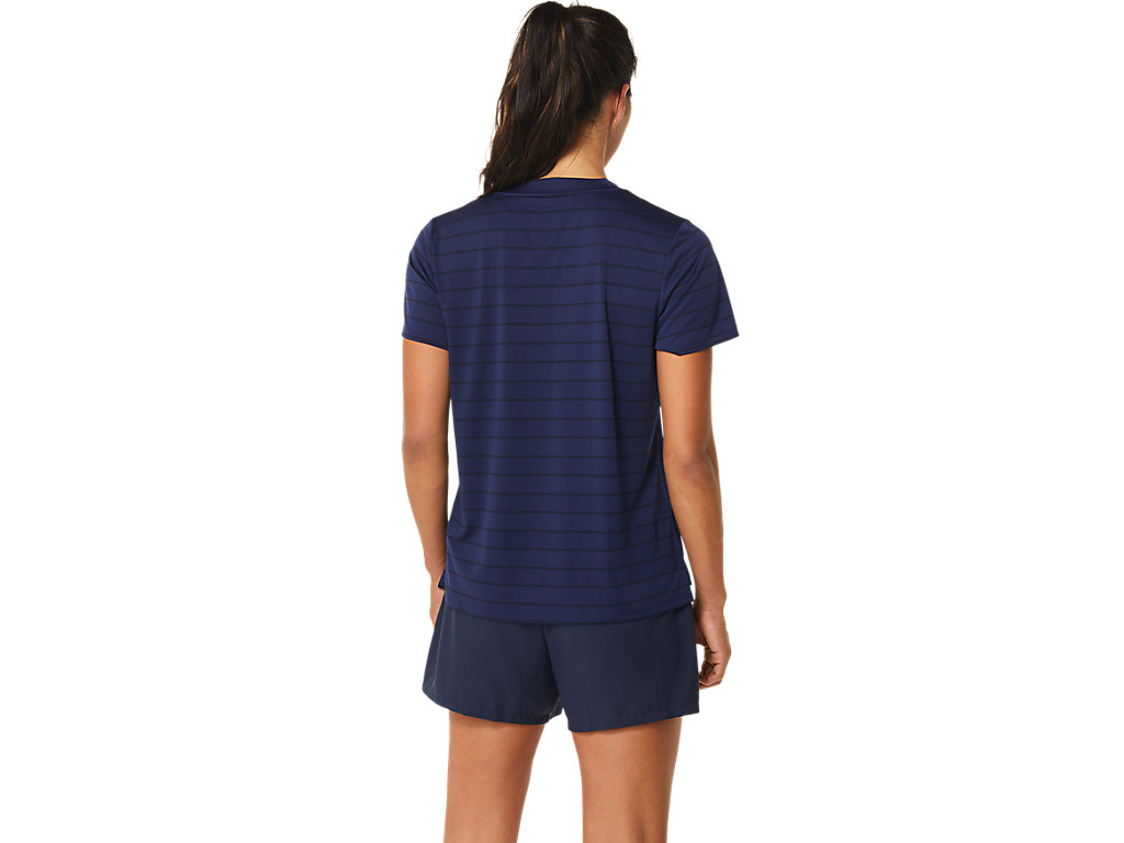 Women's Asics Court Stripe Sleeve T Shirts Navy | 3270-FBDLZ