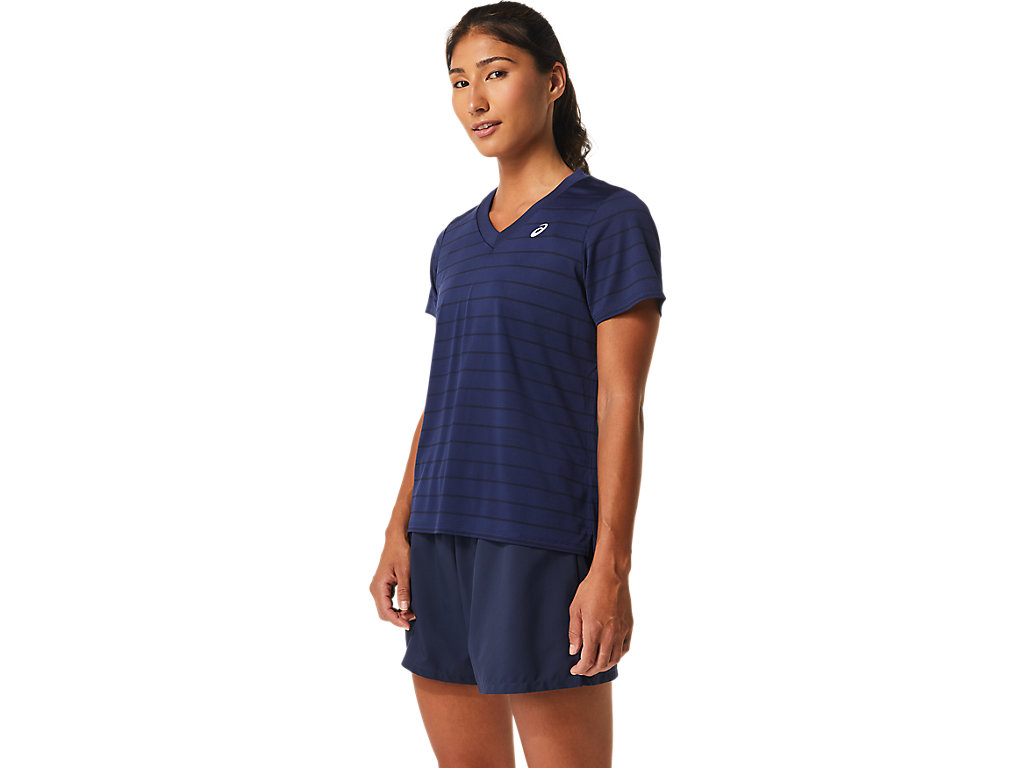 Women's Asics Court Stripe Sleeve T Shirts Navy | 3270-FBDLZ