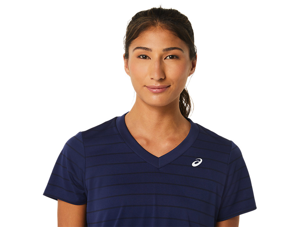 Women's Asics Court Stripe Sleeve T Shirts Navy | 3270-FBDLZ