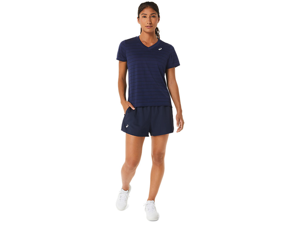 Women's Asics Court Stripe Sleeve T Shirts Navy | 3270-FBDLZ