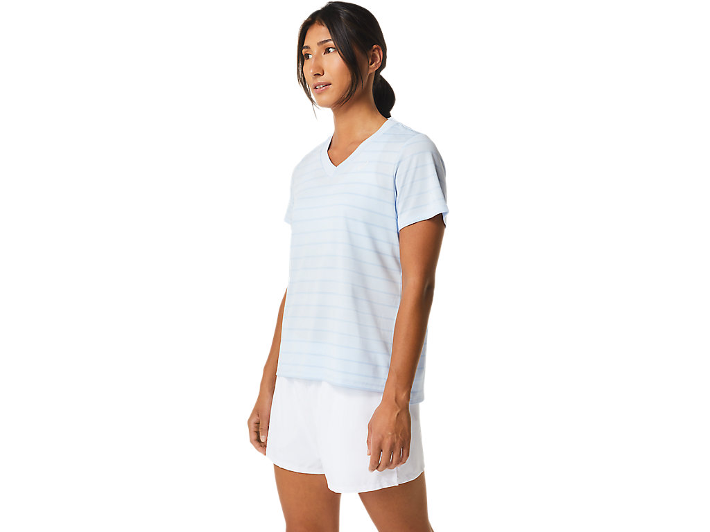 Women's Asics Court Stripe Sleeve T Shirts Blue | 7351-AWKDJ