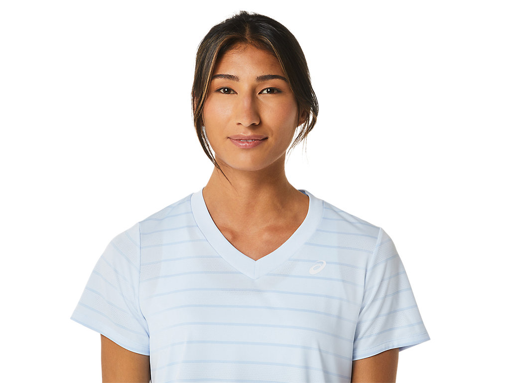 Women's Asics Court Stripe Sleeve T Shirts Blue | 7351-AWKDJ