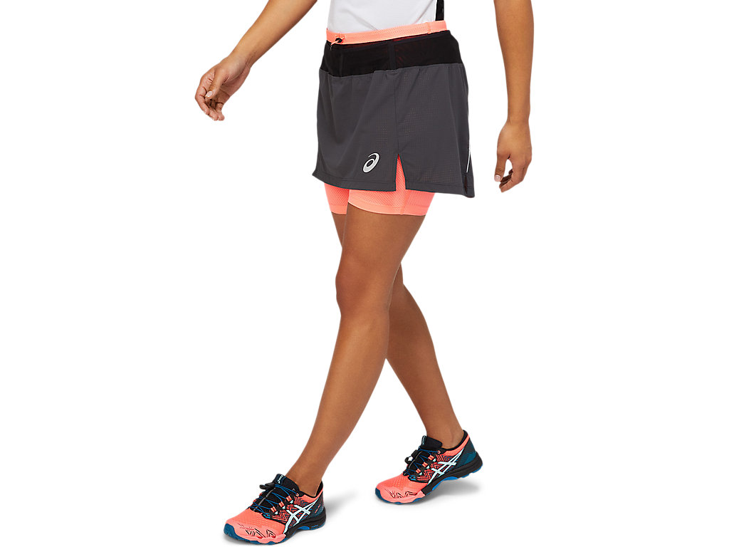 Women's Asics Fujitrail Skort Skirts Deep Grey / Coral | 1640-ZIJRD