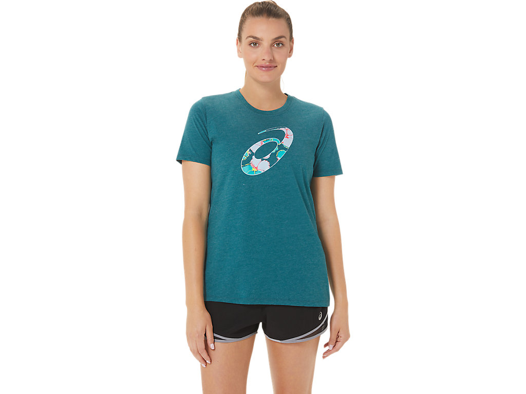 Women\'s Asics Hibiscus Spiral A Crew T Shirts Deep Green | 1267-KGRQW