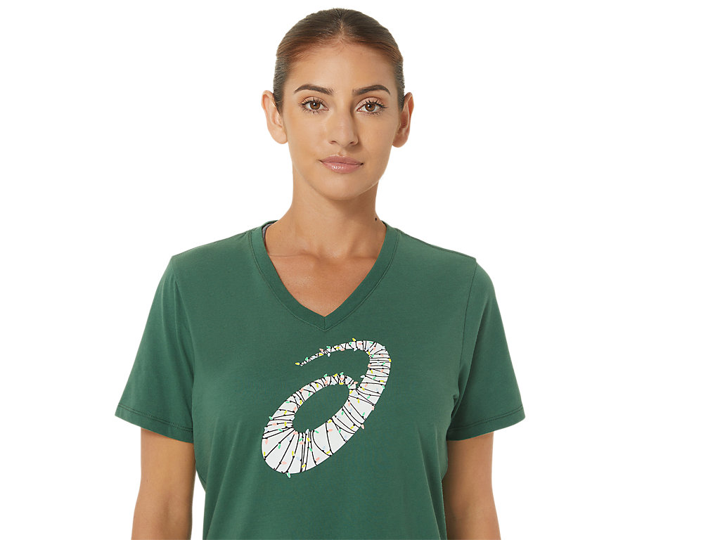 Women's Asics Holiday Lights Logo Vneck T Shirts Green | 6718-JMEZC