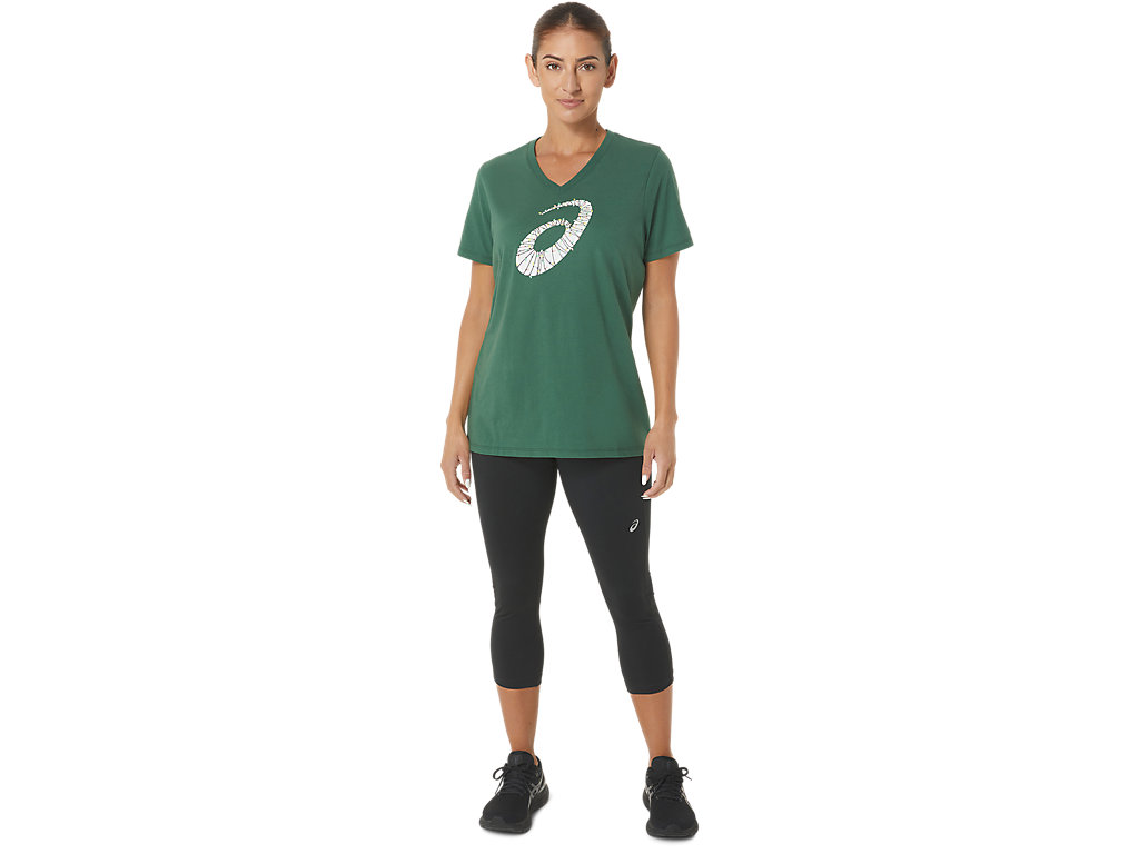 Women's Asics Holiday Lights Logo Vneck T Shirts Green | 6718-JMEZC