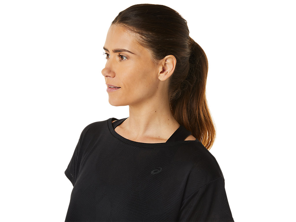 Women's Asics Movekoyo Jacquard Sleeve T Shirts Black | 2760-VARGW