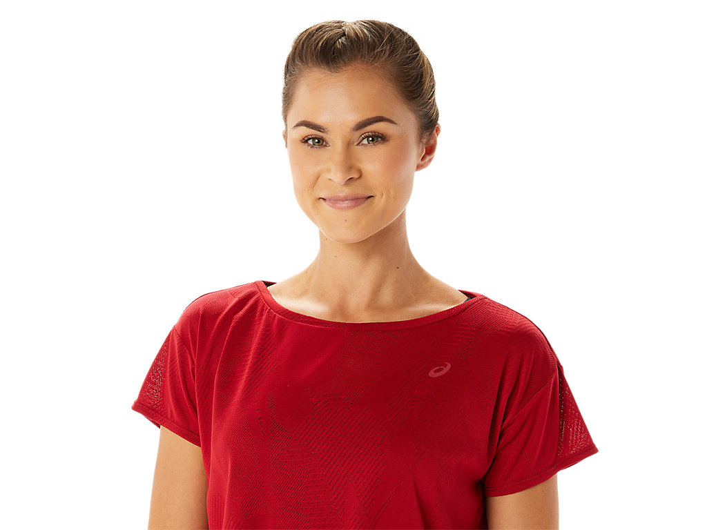 Women's Asics Movekoyo Jacquard Sleeve T Shirts Red | 5481-HZYJT