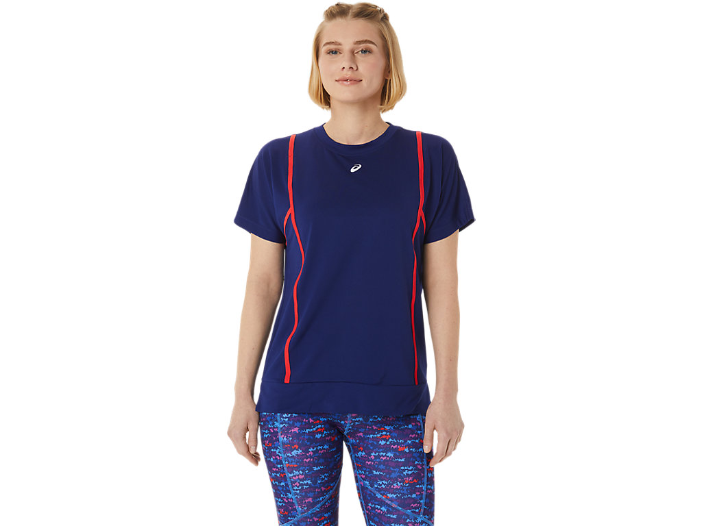 Women\'s Asics New Strong 92 Sleeve T Shirts Blue / Red | 9743-UTQIF