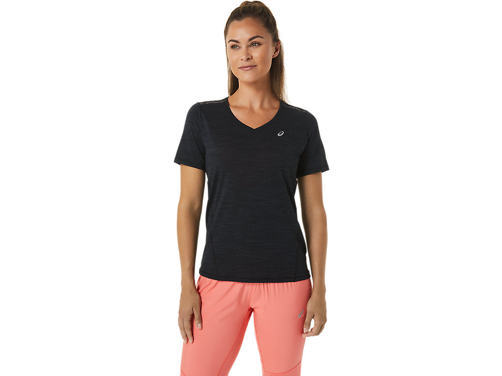 Women\'s Asics Race V-Neck Sleeve T Shirts Black / Grey | 9740-ARSLO